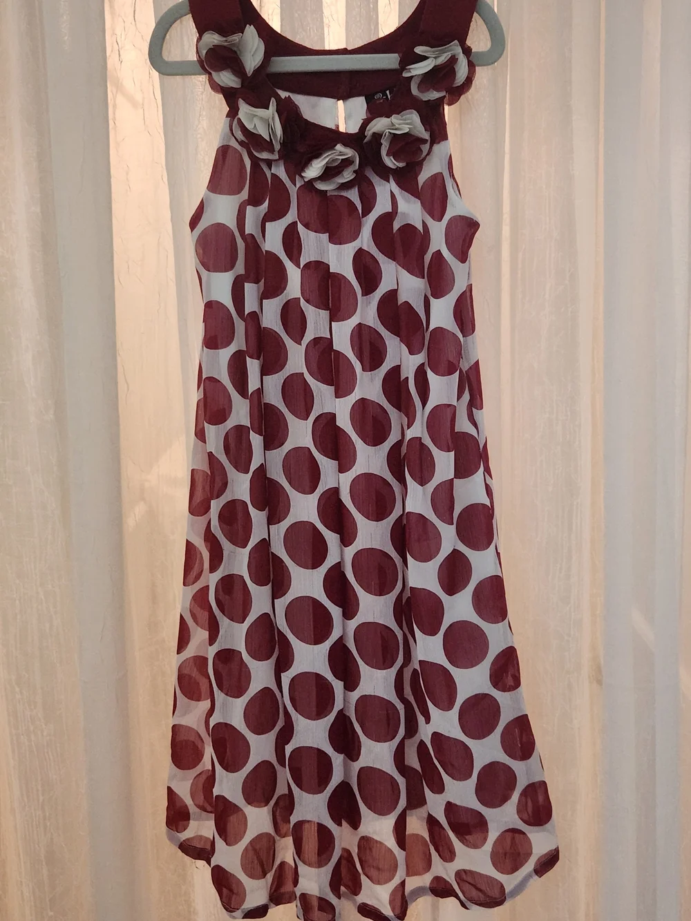 2-Hip Girls' Maroon Polka Dot Sleeveless Dress with Floral Neckline, Sz-8, GUC